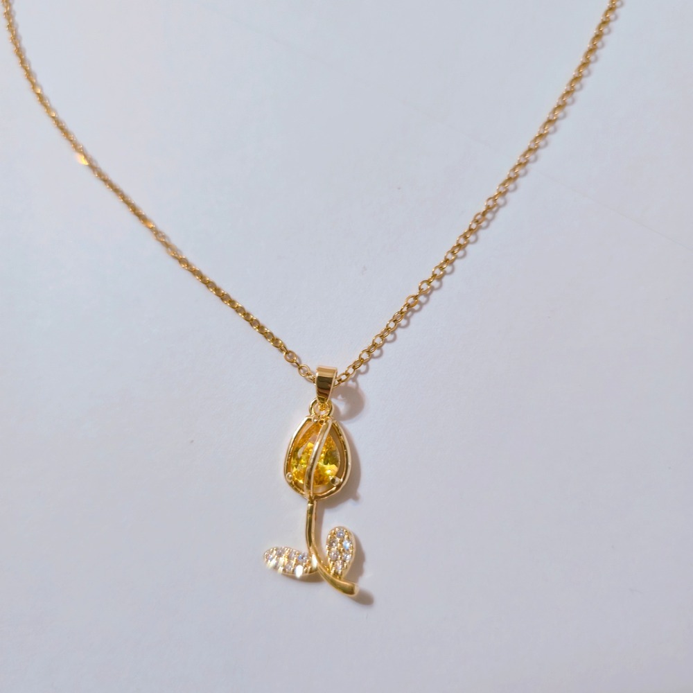 Gold Plated Steel Yellow Crystal Tulip Flower Pendant Necklace 16-18 Inch